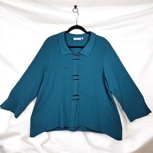 Habitat Clothing to Live In Blouse Woman LRG Teal Textured Crinkle Artsy Buttons